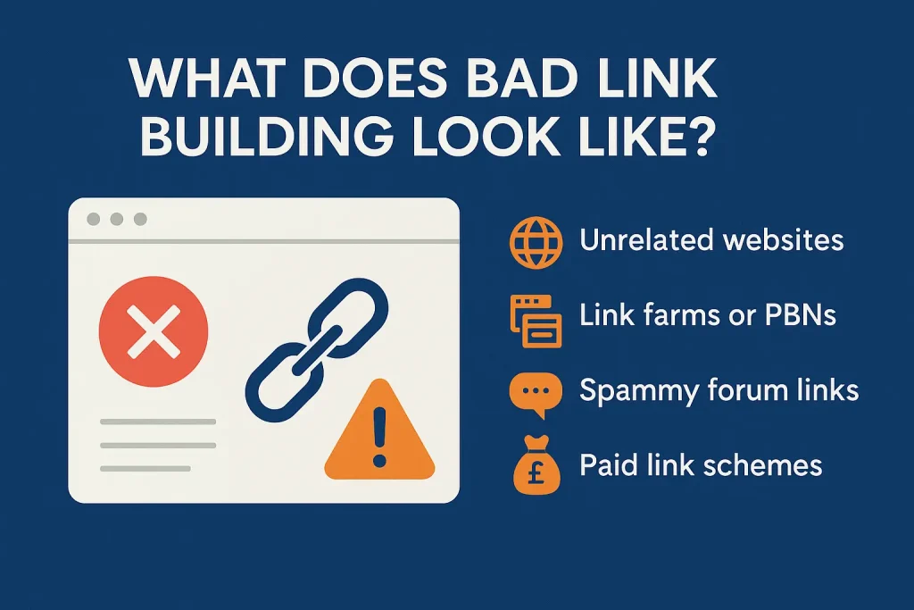Illustration showing broken links, low-quality websites, and a spam warning icon, representing the dangers of bad link building strategies in SEO.