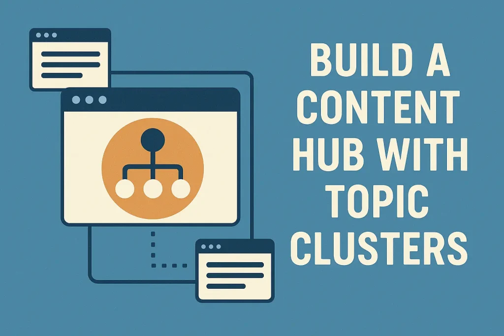 Diagram showing a content hub linking to multiple topic clusters in a flat-design SEO infographic