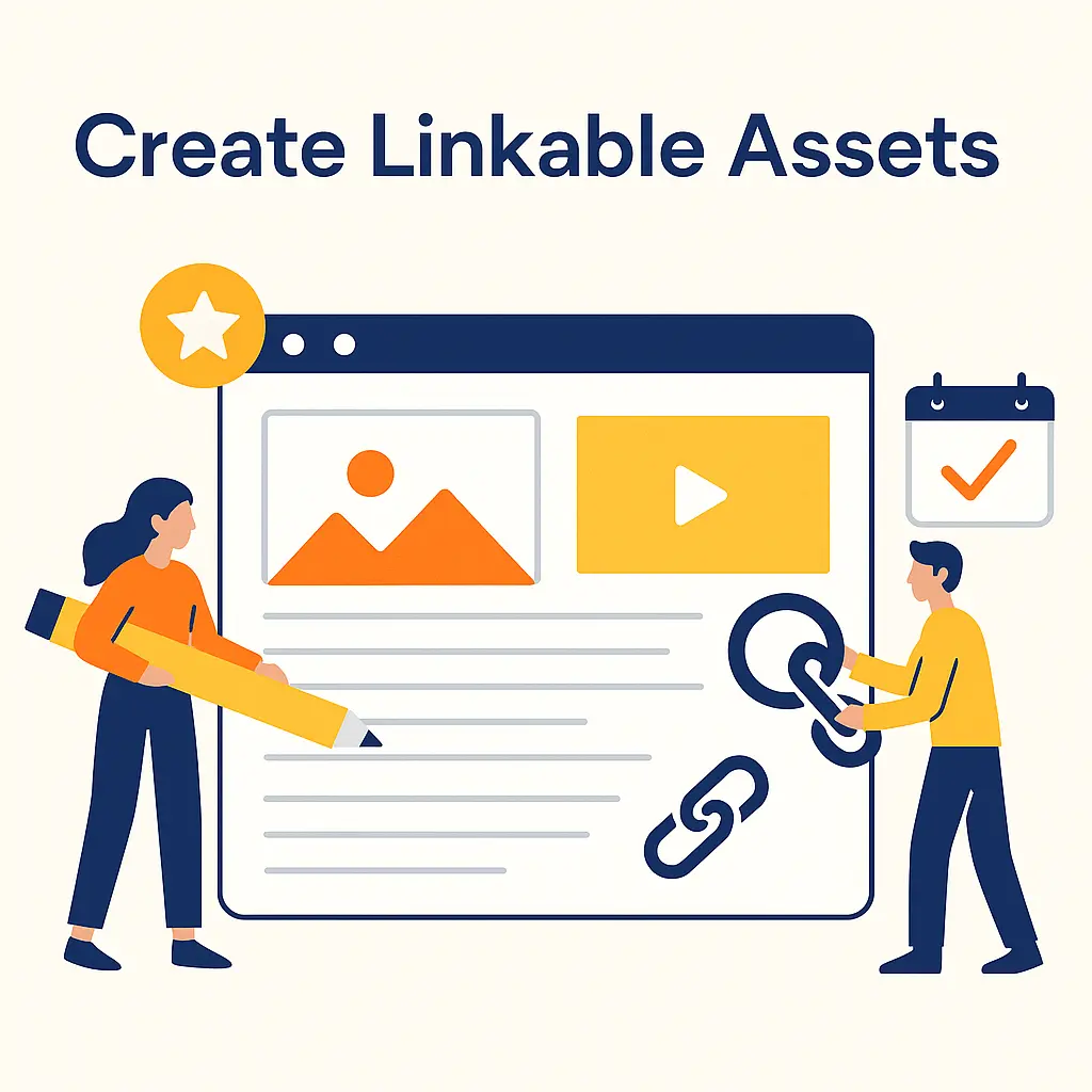 SEO strategy team creating linkable assets like local guides, tools, and original research