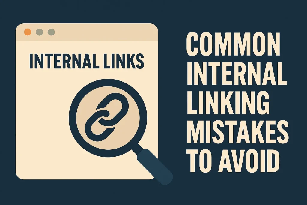 Browser window with chain link icon under magnifying glass representing internal linking analysis and common SEO mistakes to avoid