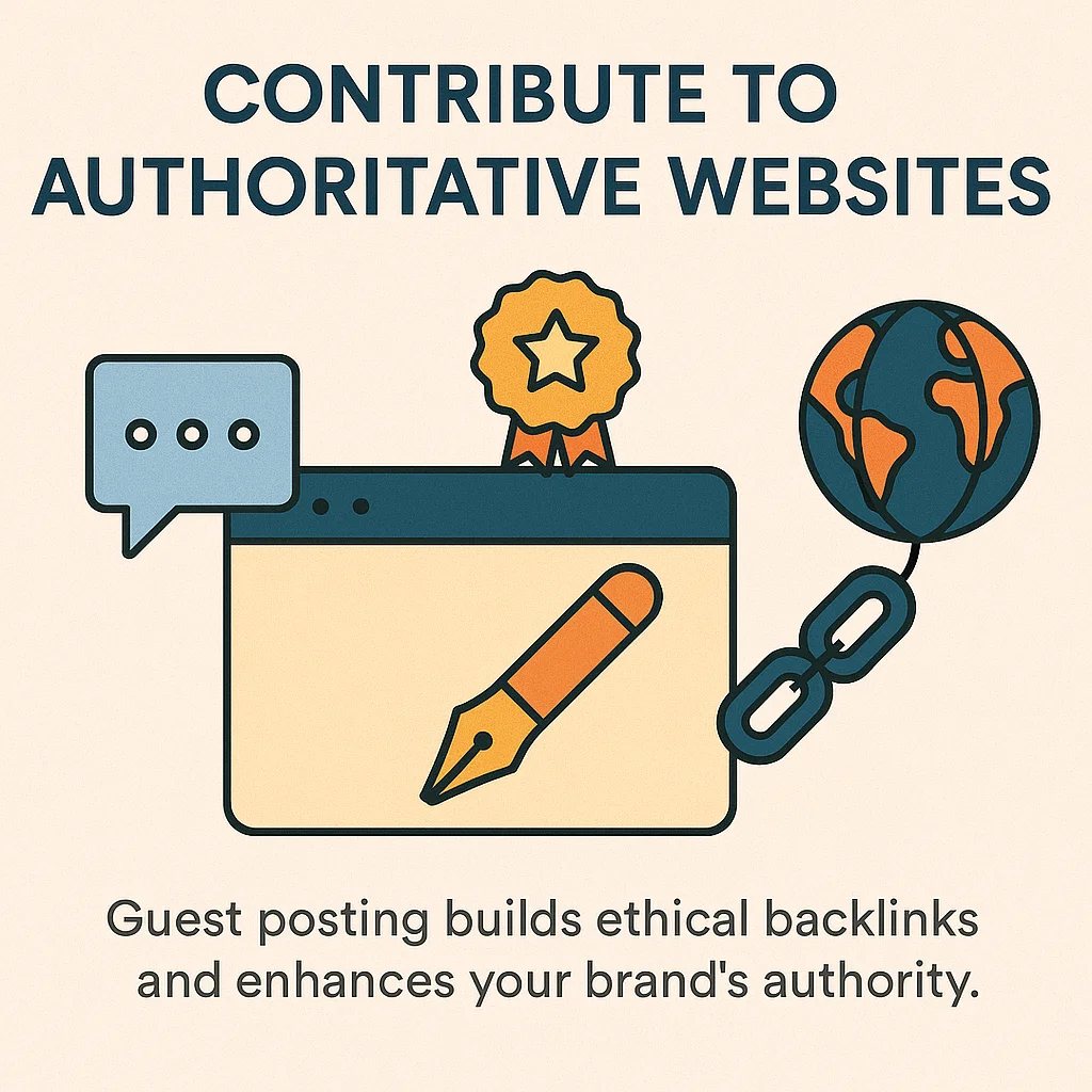 Flat design illustration of a browser window with a pen icon, globe, chain link, authority badge, and chat bubble, symbolising guest posting for SEO and brand authority.