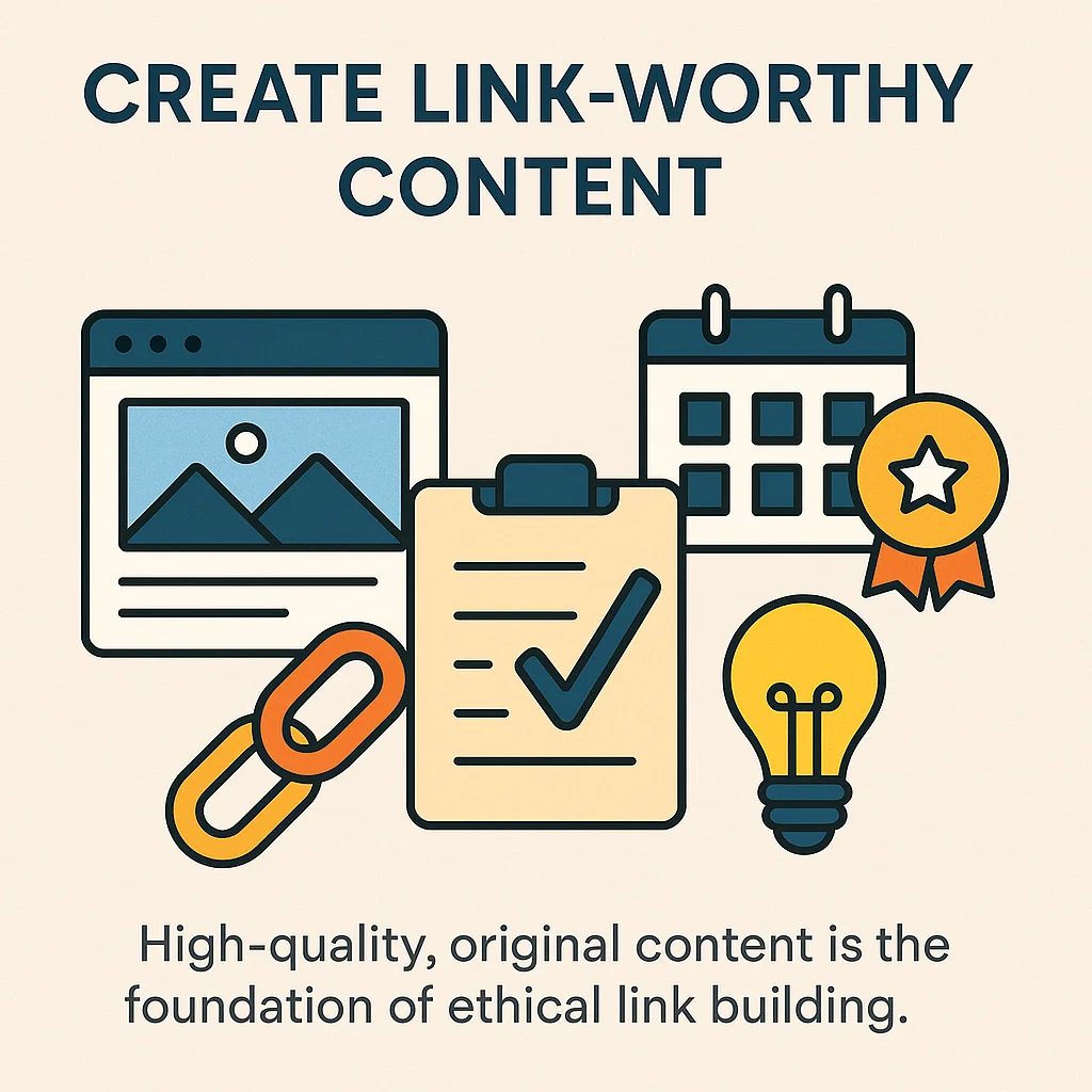 Illustration featuring icons of a webpage, clipboard, calendar, ribbon, and light bulb under the heading ‘Create Link-Worthy Content’, symbolising high-quality content creation for ethical link building.