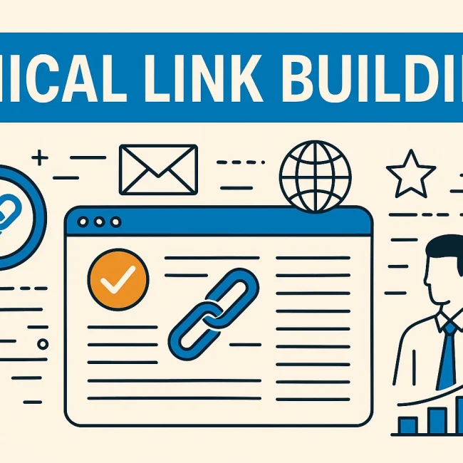 Illustration of ethical link building for SEO, featuring icons like a magnifying glass with a chain link, a webpage with a checkmark, a globe, and a growth chart.