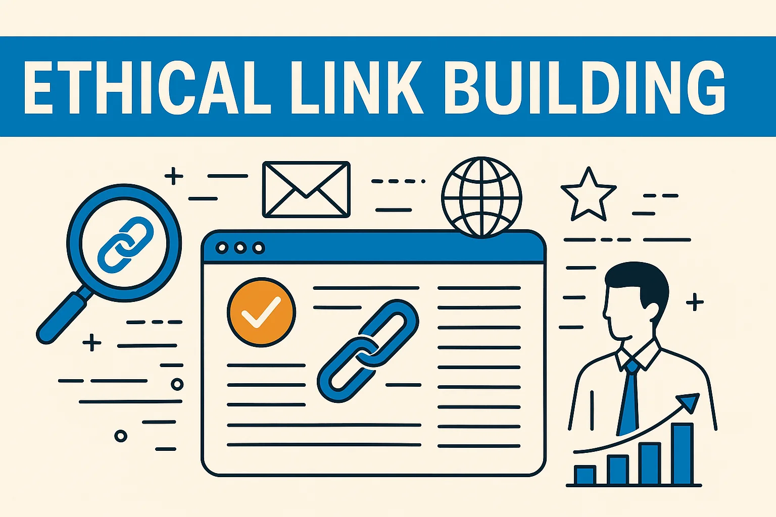 Illustration of ethical link building for SEO, featuring icons like a magnifying glass with a chain link, a webpage with a checkmark, a globe, and a growth chart.