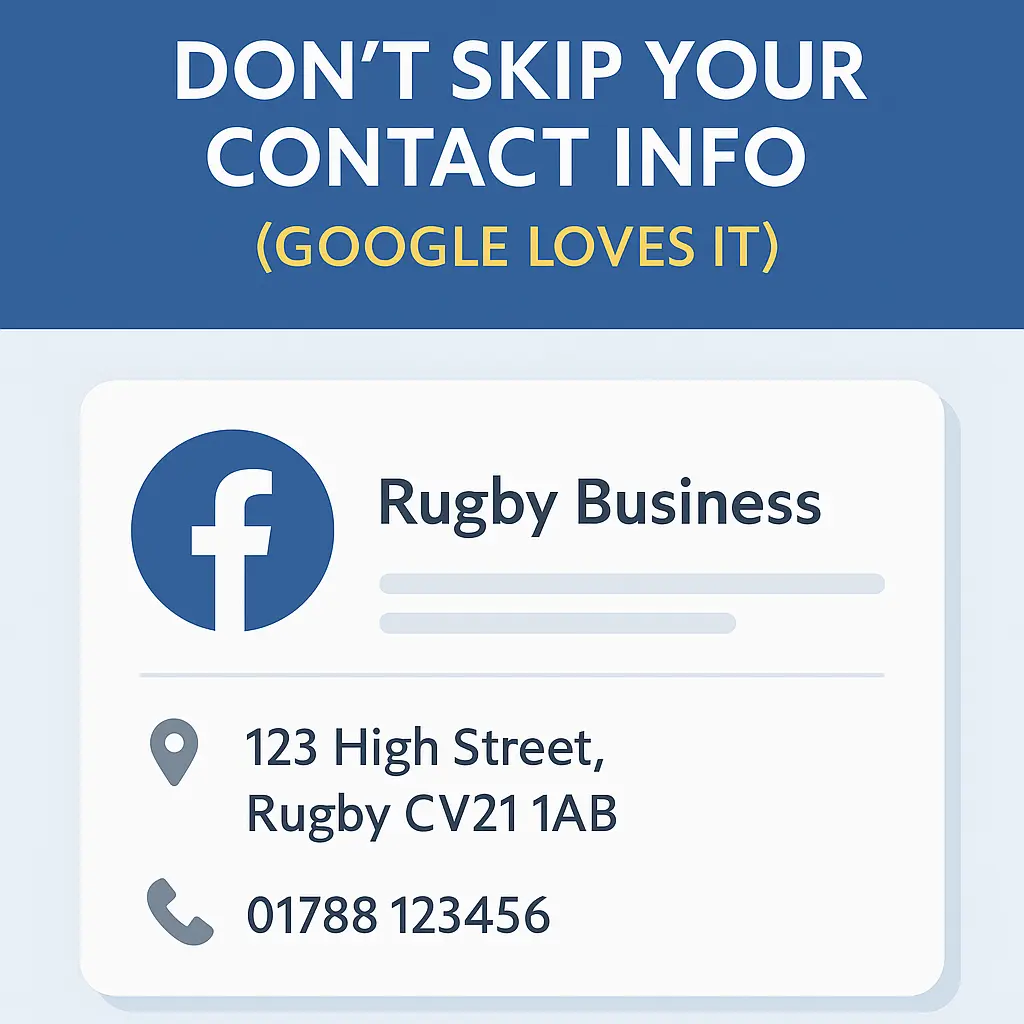 Facebook business page contact information showing name, address, and phone number