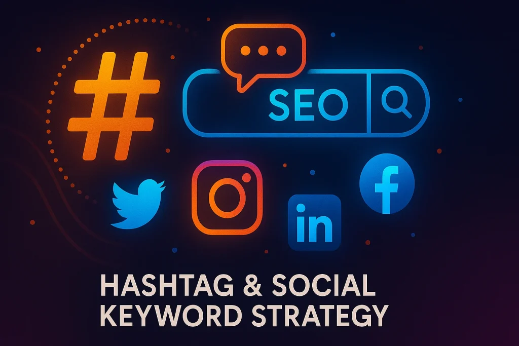 Illustration of SEO search bar, hashtag symbol, and social media icons for keyword strategy