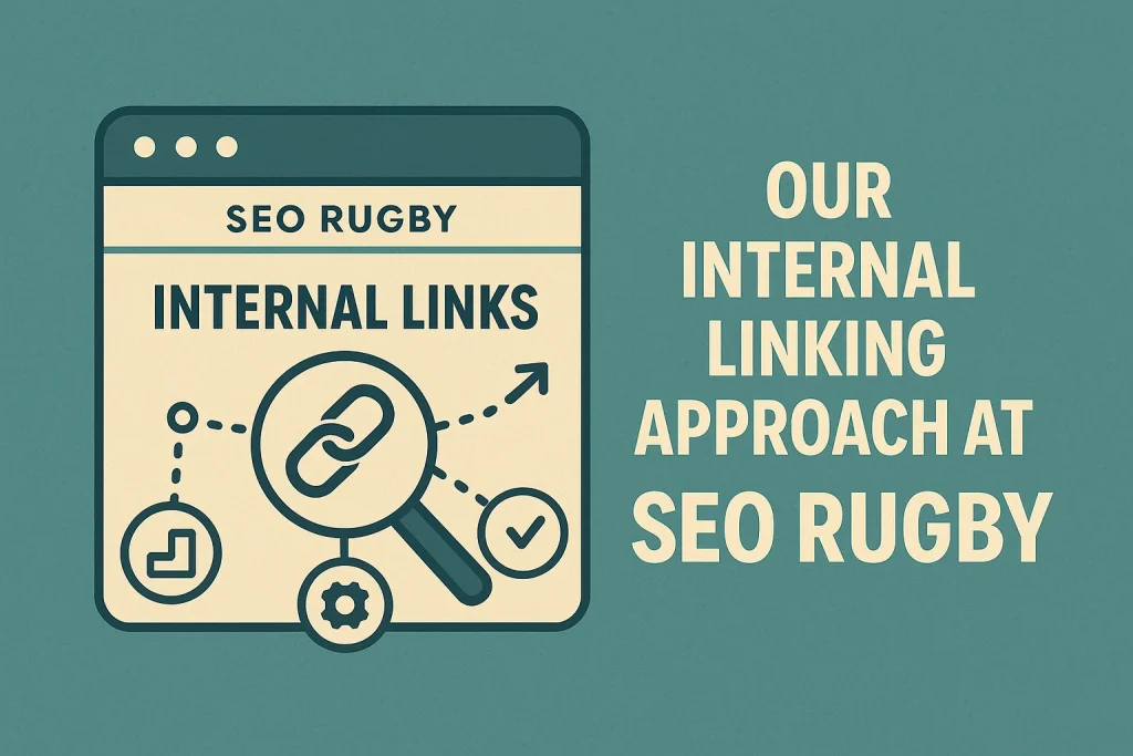 Illustration of a web browser labelled SEO Rugby showing internal link strategy with icons for SEO elements, magnifying glass, chain link, and dotted lines showing optimisation process