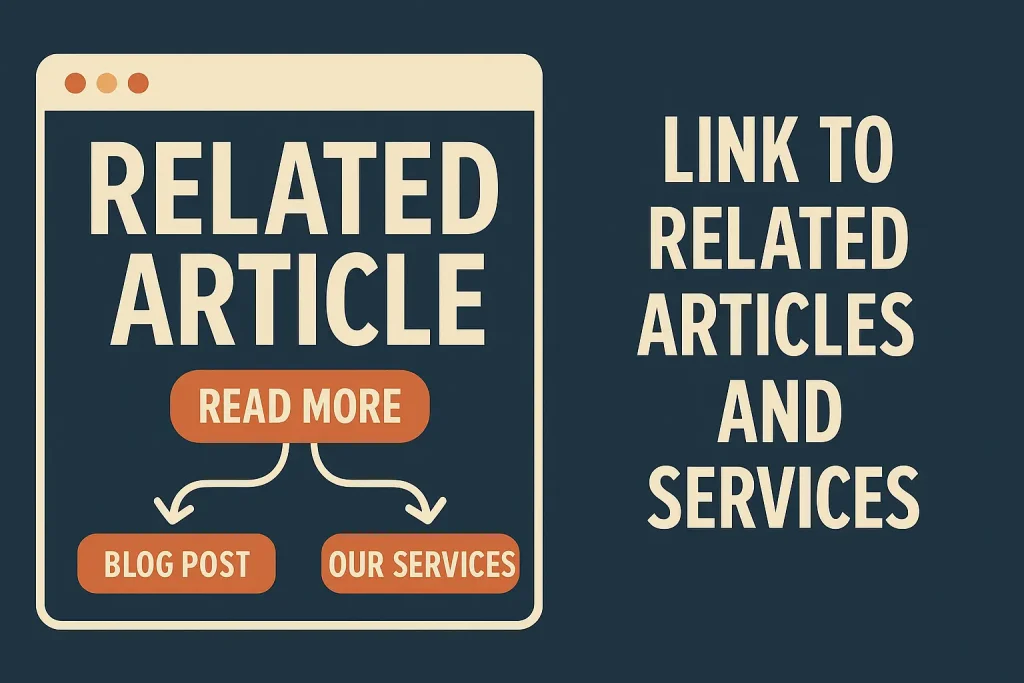 Flat design of a browser window titled 'Related Article' with arrows linking a 'Read More' button to 'Blog Post' and 'Our Services' buttons, highlighting the SEO benefit of linking to related articles and service pages