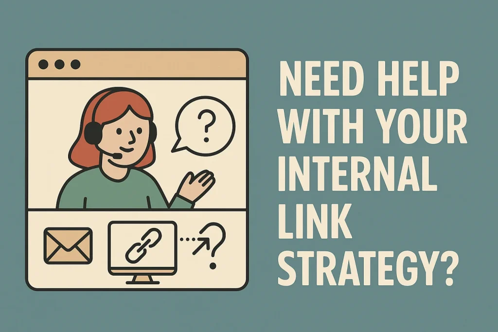 Illustration of a website support advisor with headset offering help on internal link strategy, next to icons of email, internal link, and upward arrow for SEO assistance