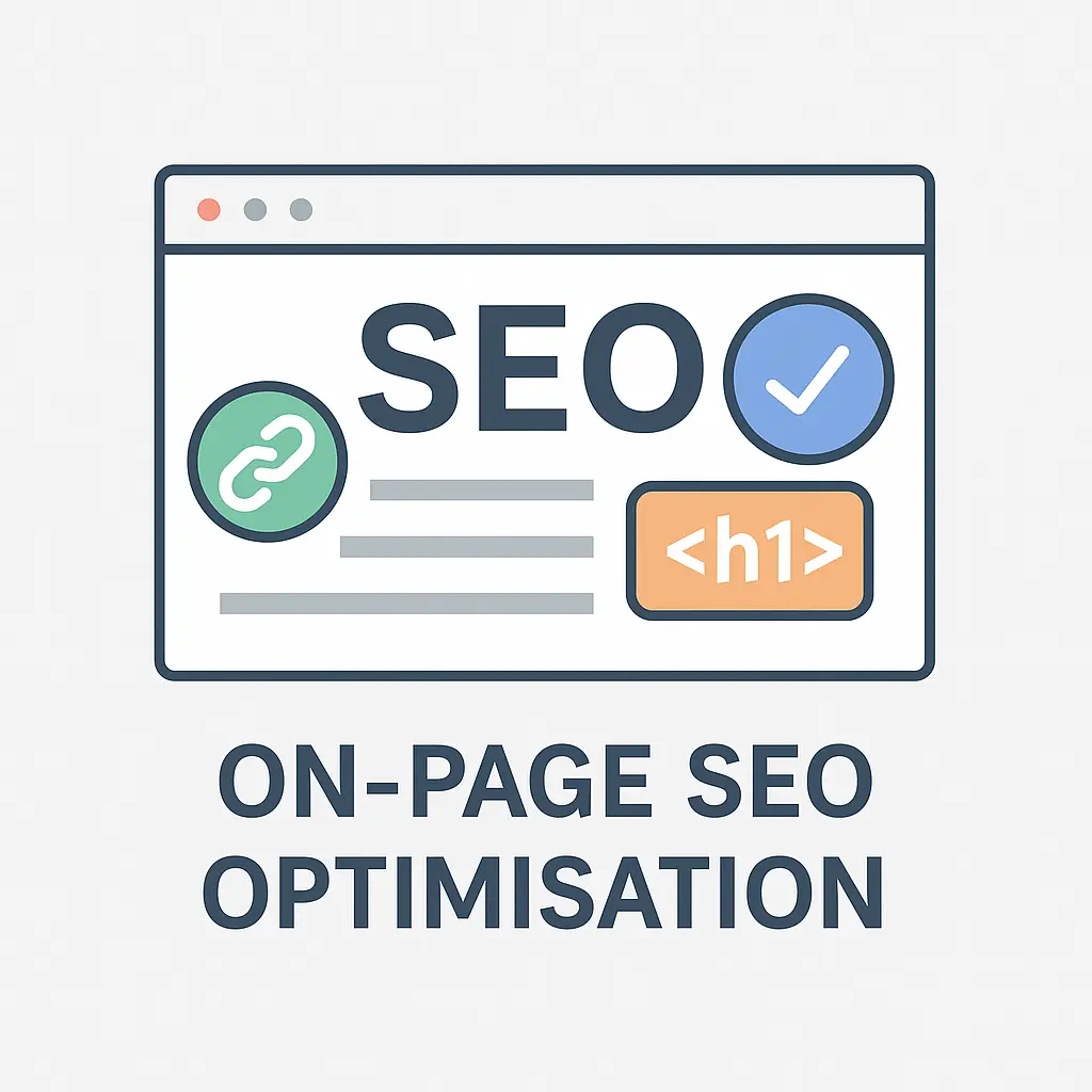 Illustration of Webflow SEO on-page optimisation showing a styled browser window with internal links, H1 tags, and metadata elements.