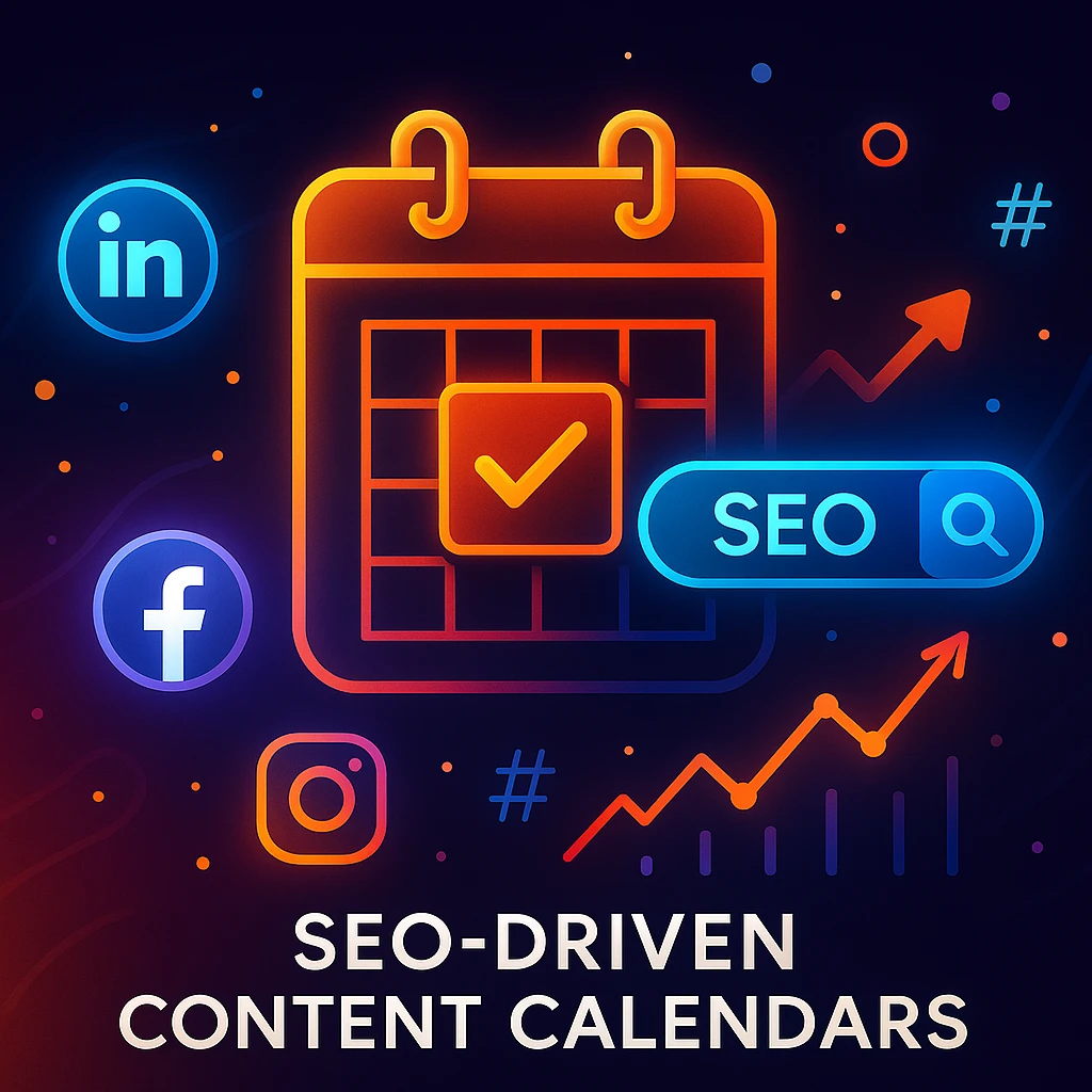 Illustration of an SEO calendar with social media icons and performance graphs