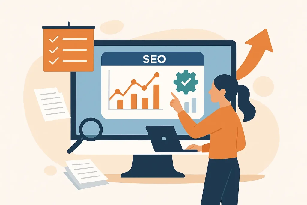 Illustration of SEO specialist analysing backlink reports, keyword rankings, and campaign metrics