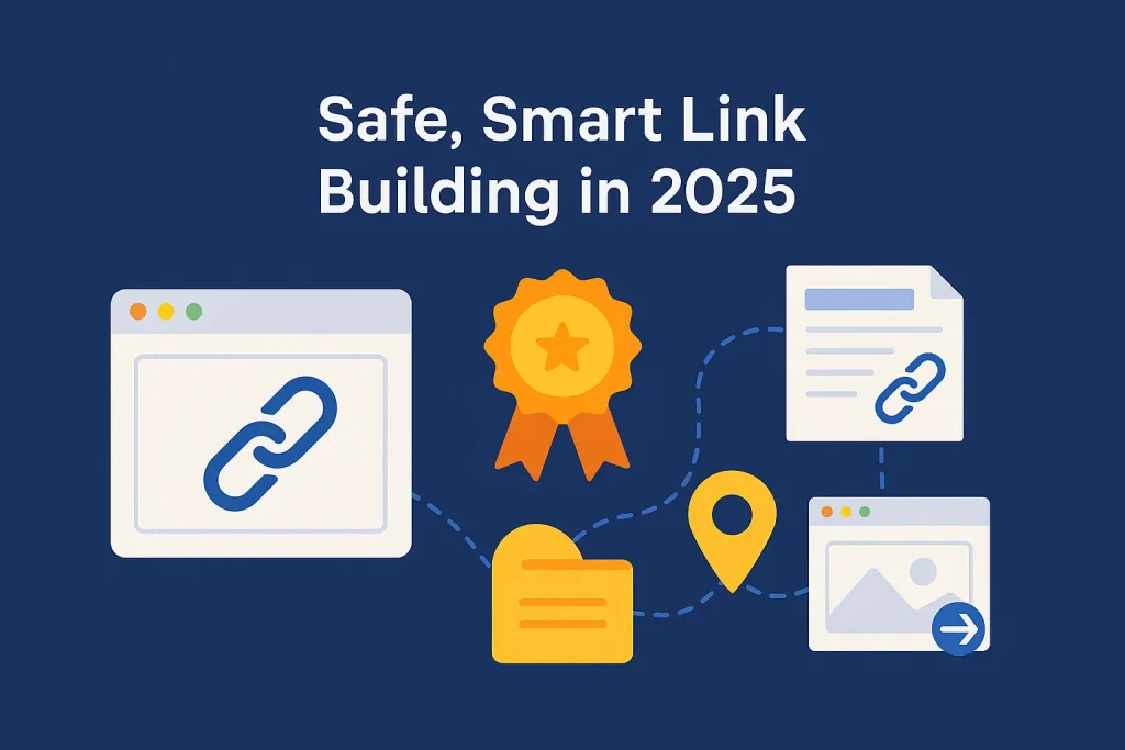 Digital illustration of SEO professionals building quality backlinks from relevant websites using ethical strategies and white-hat techniques.