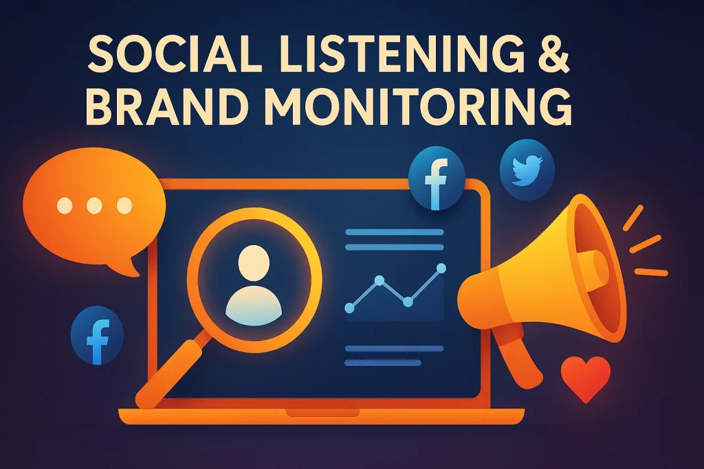 Illustration of social listening and brand monitoring with laptop, graphs, and social icons