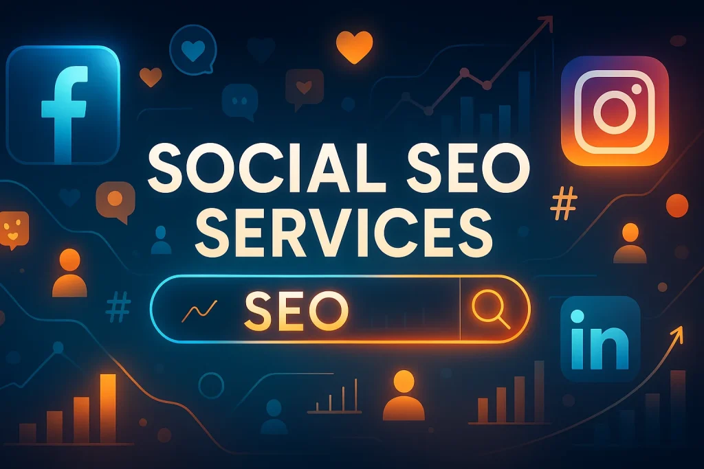 Social SEO Services hero image with Facebook, Instagram, LinkedIn and SEO search bar
