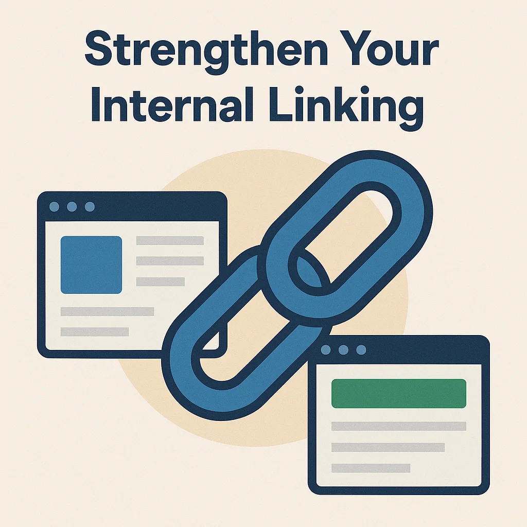 Illustration showing a large blue chain link connecting two browser windows under the title ‘Strengthen Your Internal Linking’, representing internal SEO structure.