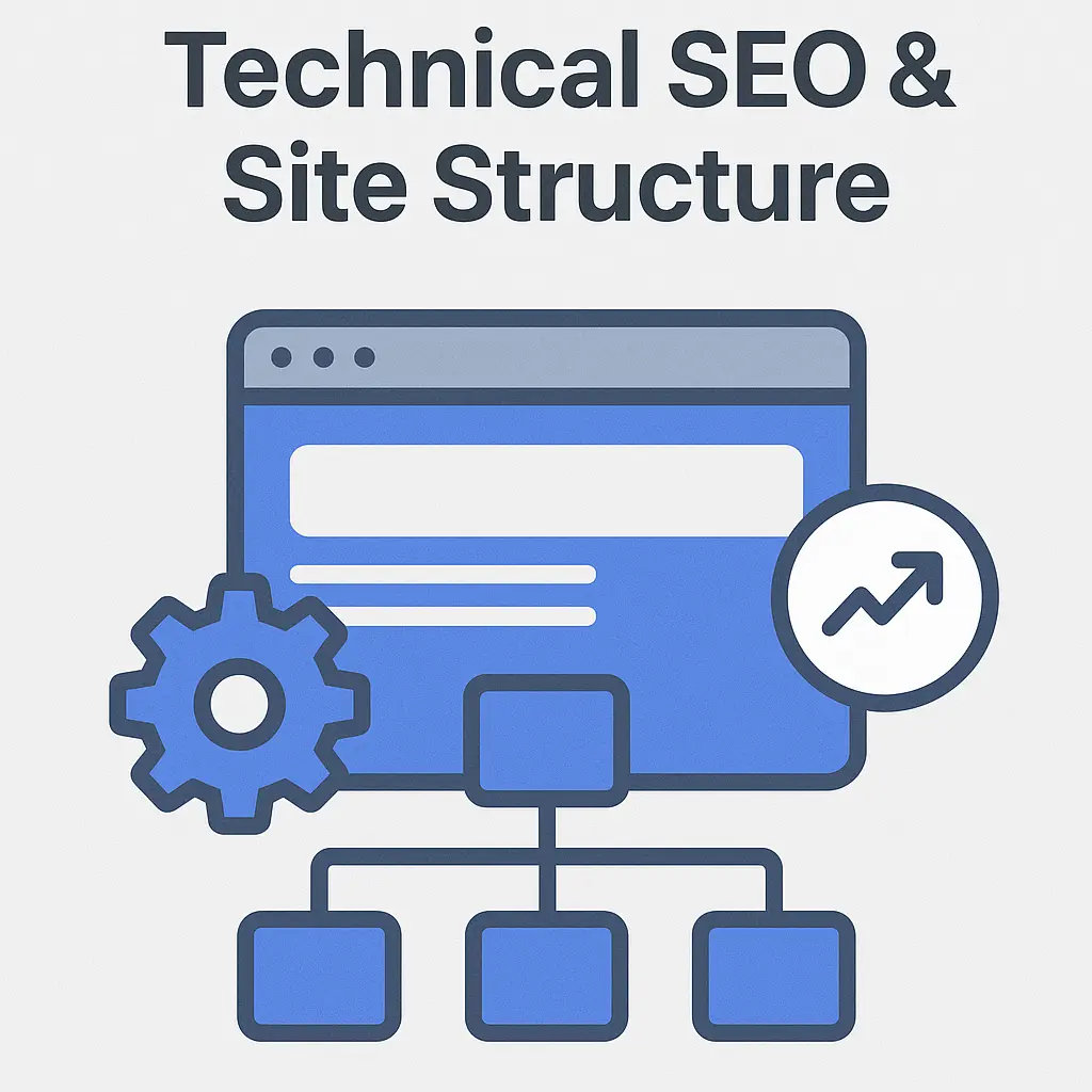 Illustration of a web browser window with a gear, upward arrow, and site structure diagram representing technical SEO and website architecture.