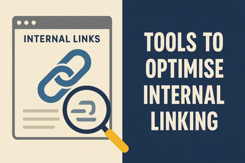 Illustration of a browser screen with internal link icon and magnifying glass symbolising SEO tools for internal linking audits and optimisation