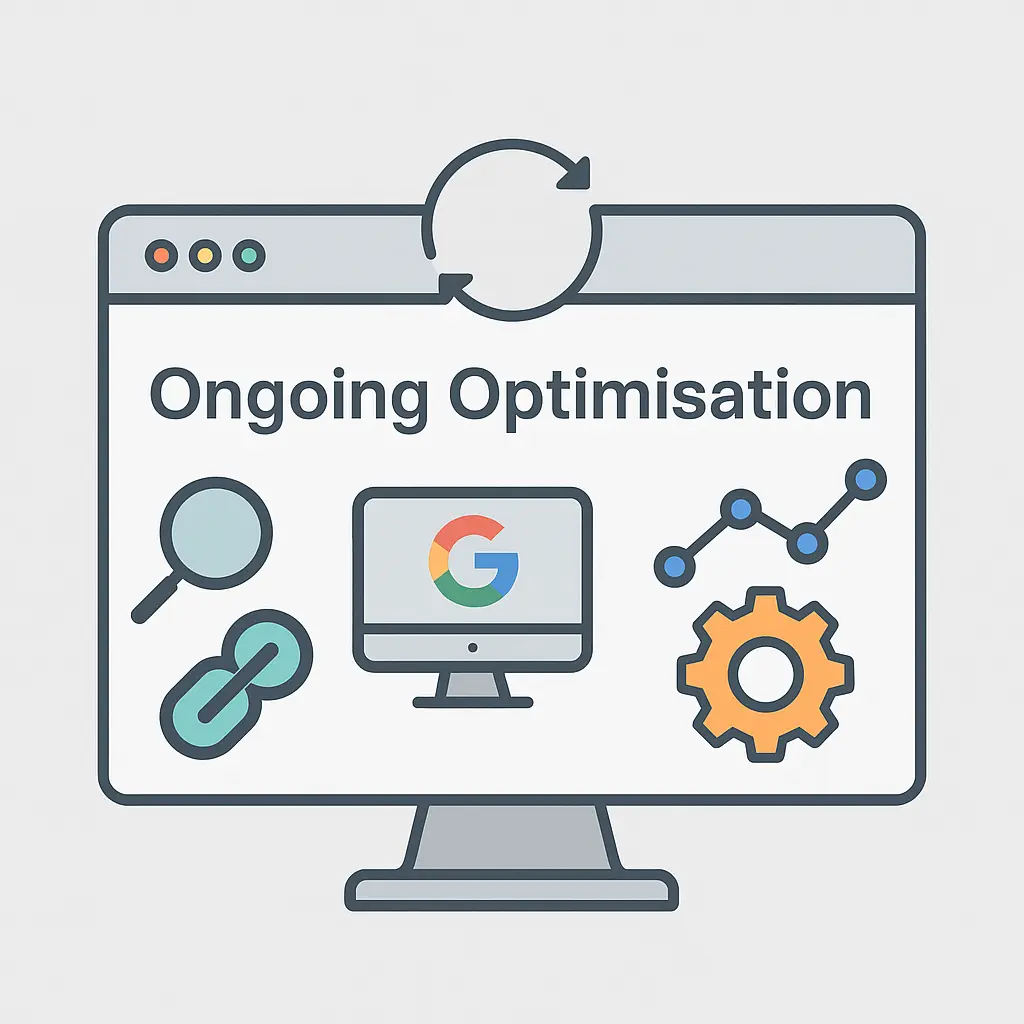 Illustration of a computer screen displaying SEO tools and icons representing ongoing optimisation, including Google Search Console, links, graphs, and gears.