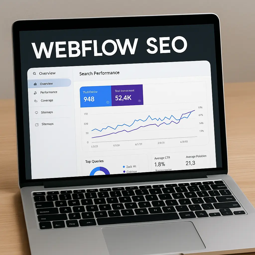 Webflow SEO 1 SEO dashboard for a Webflow website on a laptop