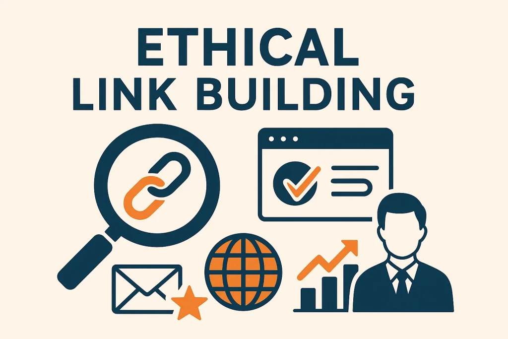Flat design illustration showing a magnifying glass with an orange chain link, a webpage, globe, star, and graph to represent ethical link building in SEO