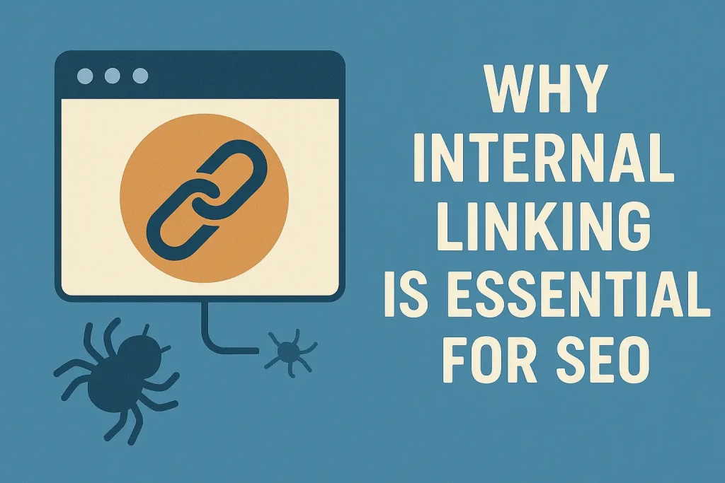 Flat design of a web browser window and spider bots crawling internal links, highlighting SEO benefits