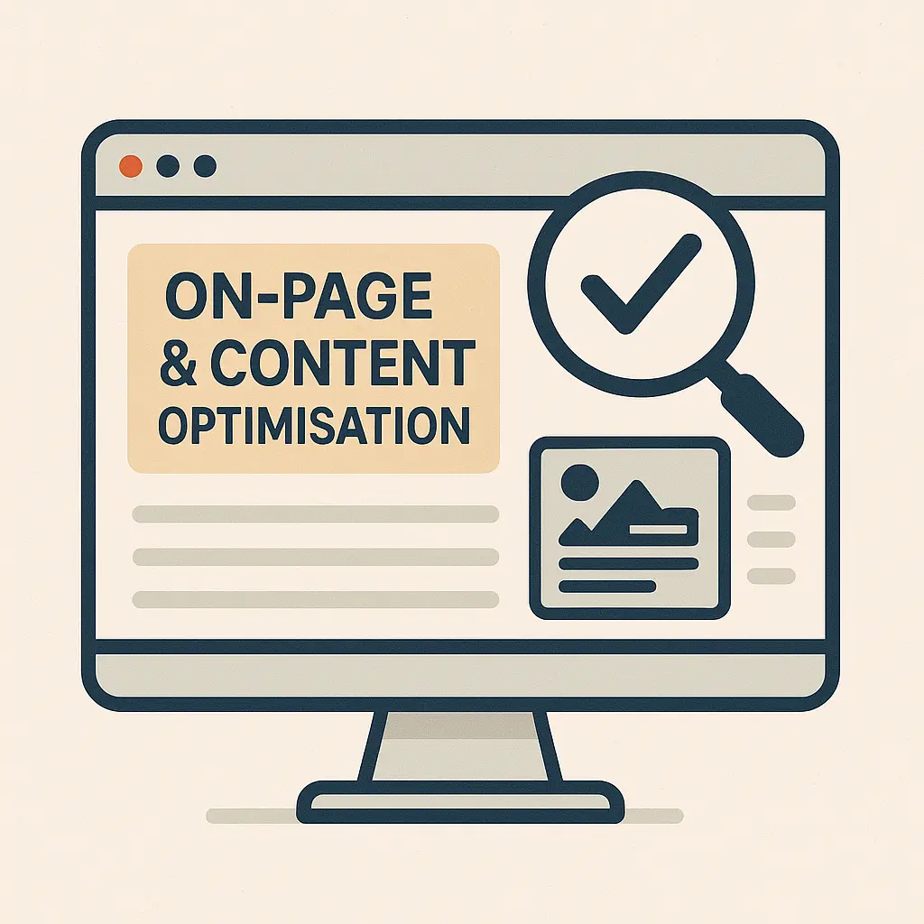 Illustration of wordpress on-page and content SEO optimisation with screen, text elements, and a magnifying glass