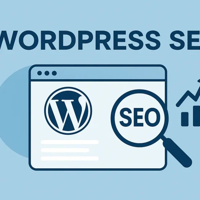 WordPress SEO services optimisation with browser window, WordPress logo, and SEO icons