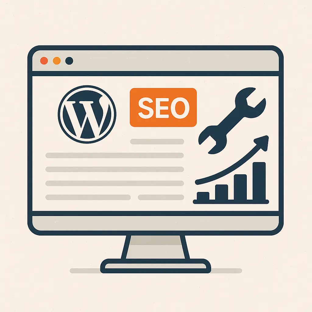 Illustration of WordPress SEO implementation with settings tools and growth chart on screen